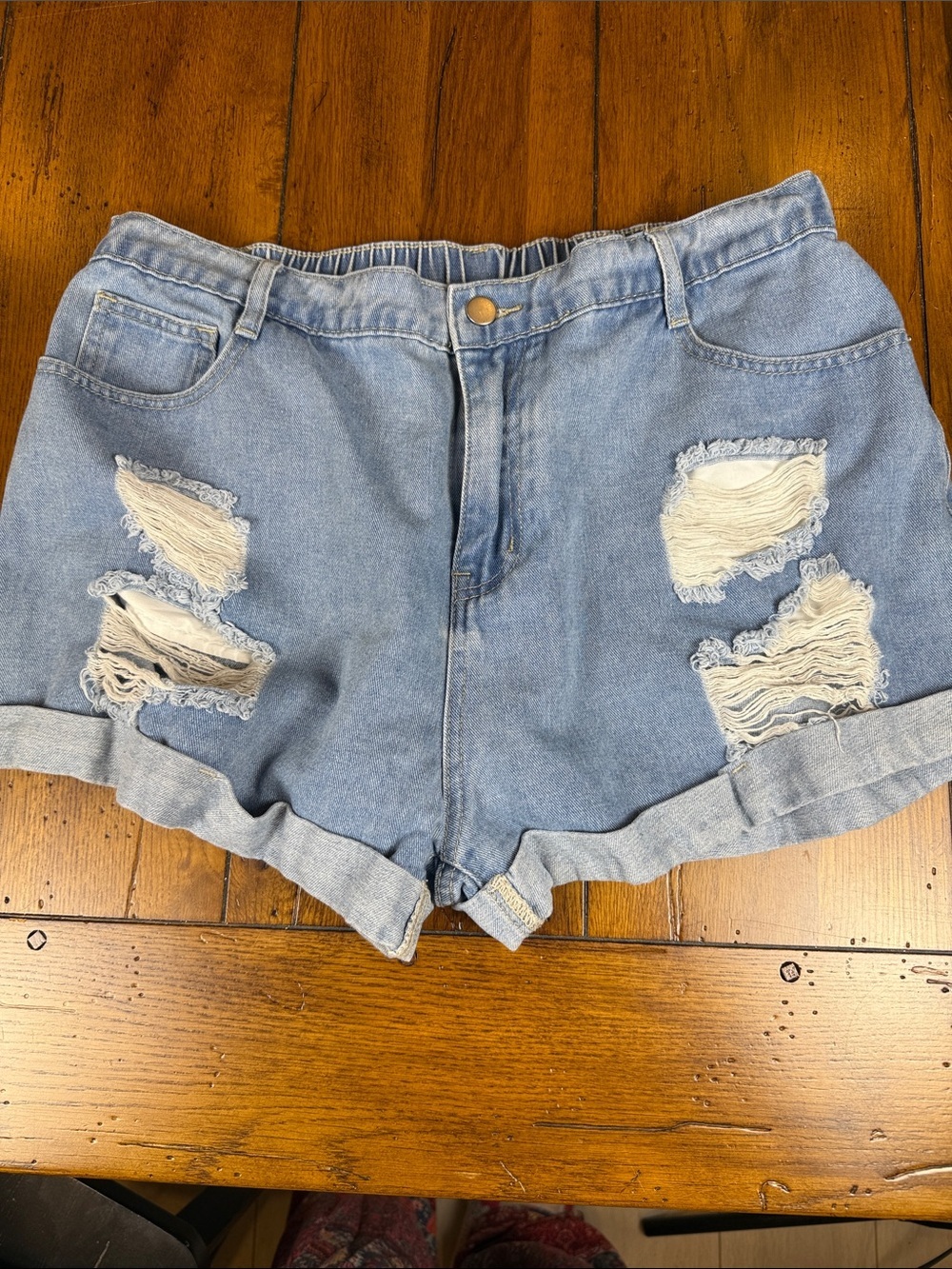 SHEIN Light Blue Distressed Rolled-Hem Denim Shorts Indie Grunge Festival 1XL